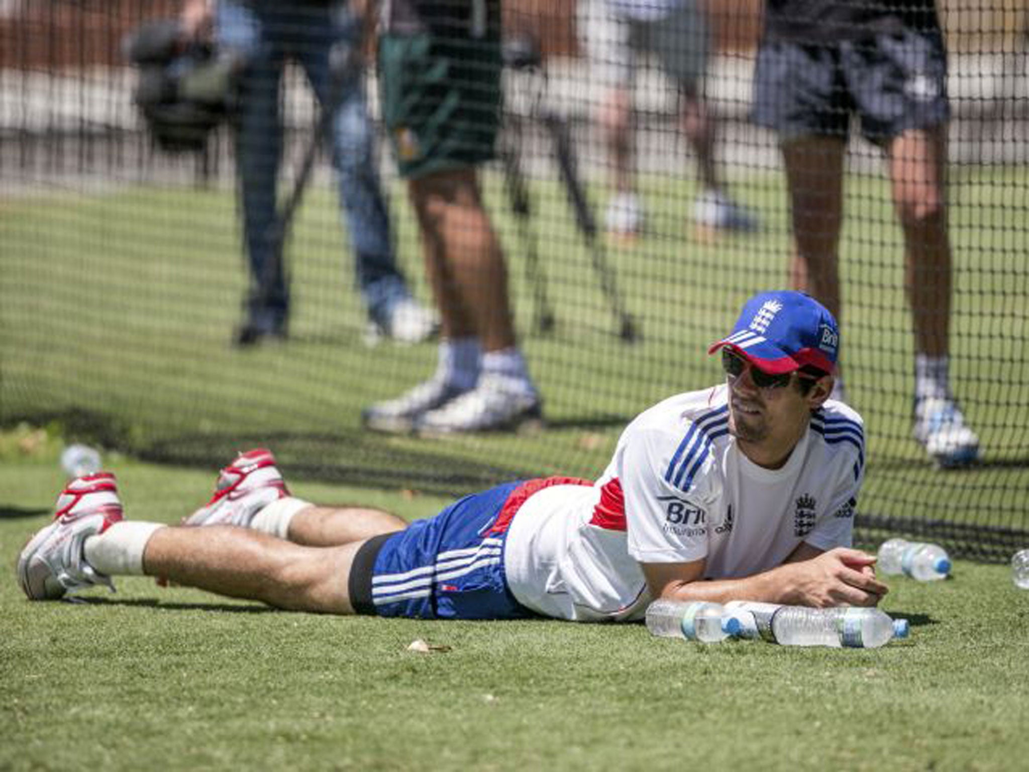 England captain Alastair Cook takes a break during yesterday’s training session in Perth