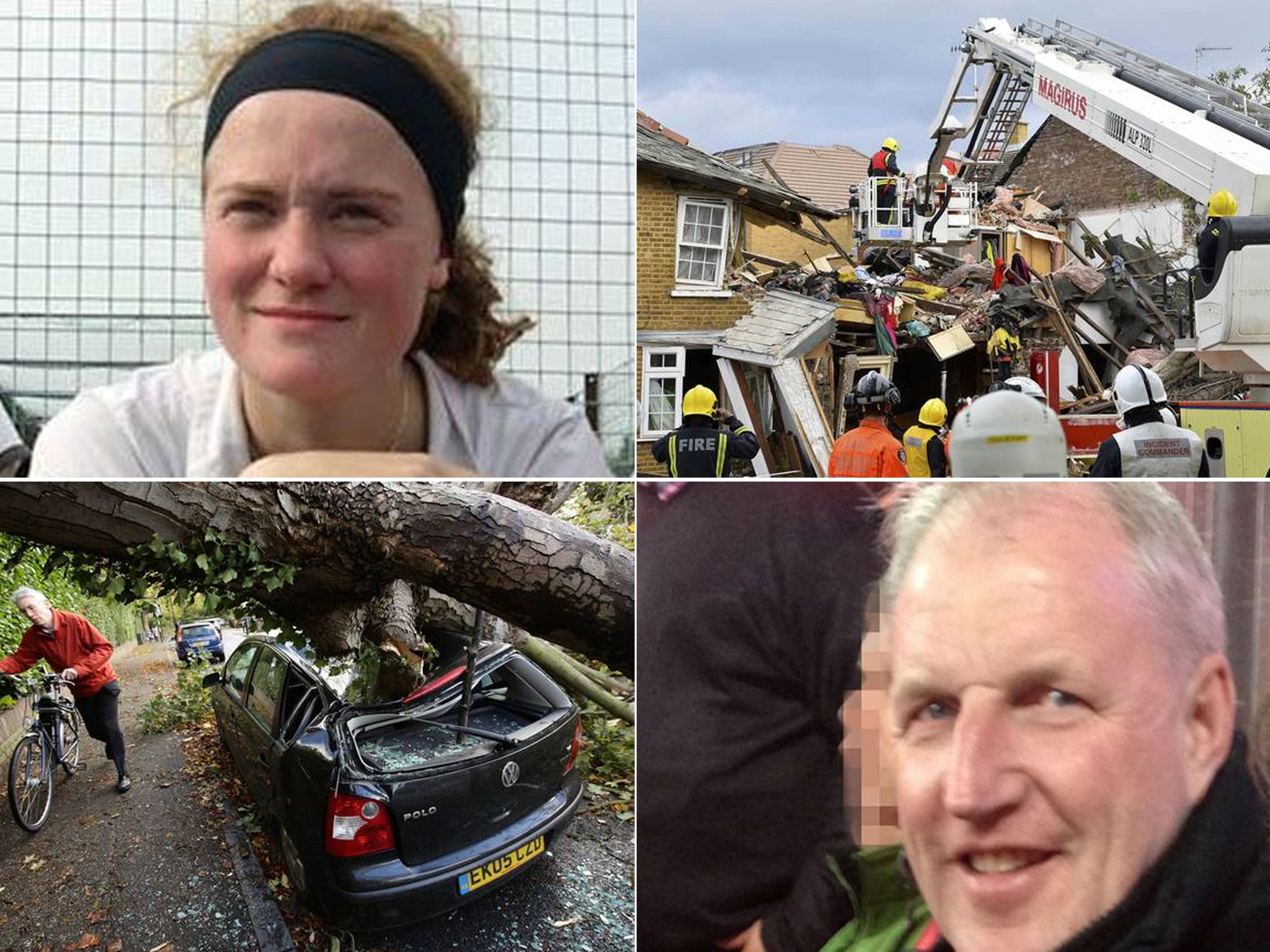 Clockwise from top left: Bethany Freeman, 17, who was crushed as a tree fell on a static home in Kent; emergency services work at the scene of a fallen tree at Bath Road in Hounslow, west London; Donal Drohan, 51, who died after his car was hit by a tree at the River Colne bridge in Watford; a car is crushed under a fallen tree in Hornsey, north London