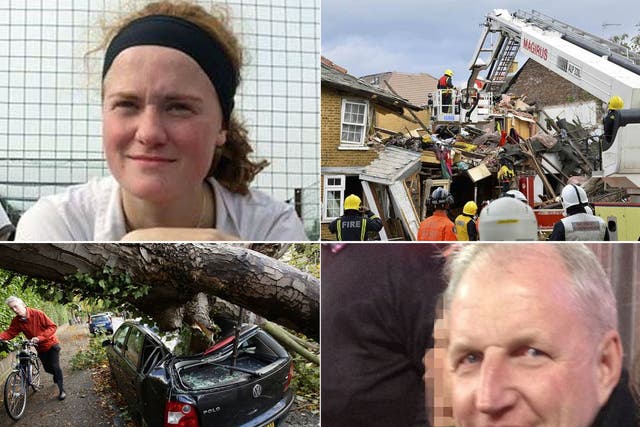 Clockwise from top left: Bethany Freeman, 17, who was crushed as a tree fell on a static home in Kent; emergency services work at the scene of a fallen tree at Bath Road in Hounslow, west London; Donal Drohan, 51, who died after his car was hit by a tree at the River Colne bridge in Watford; a car is crushed under a fallen tree in Hornsey, north London