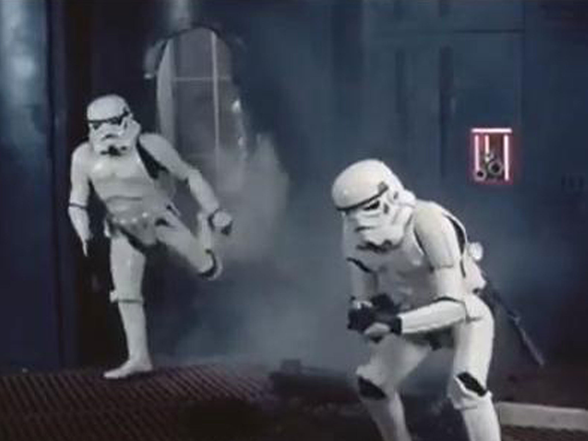 The Stormtroopers have a bit of trouble negotiating a doorway