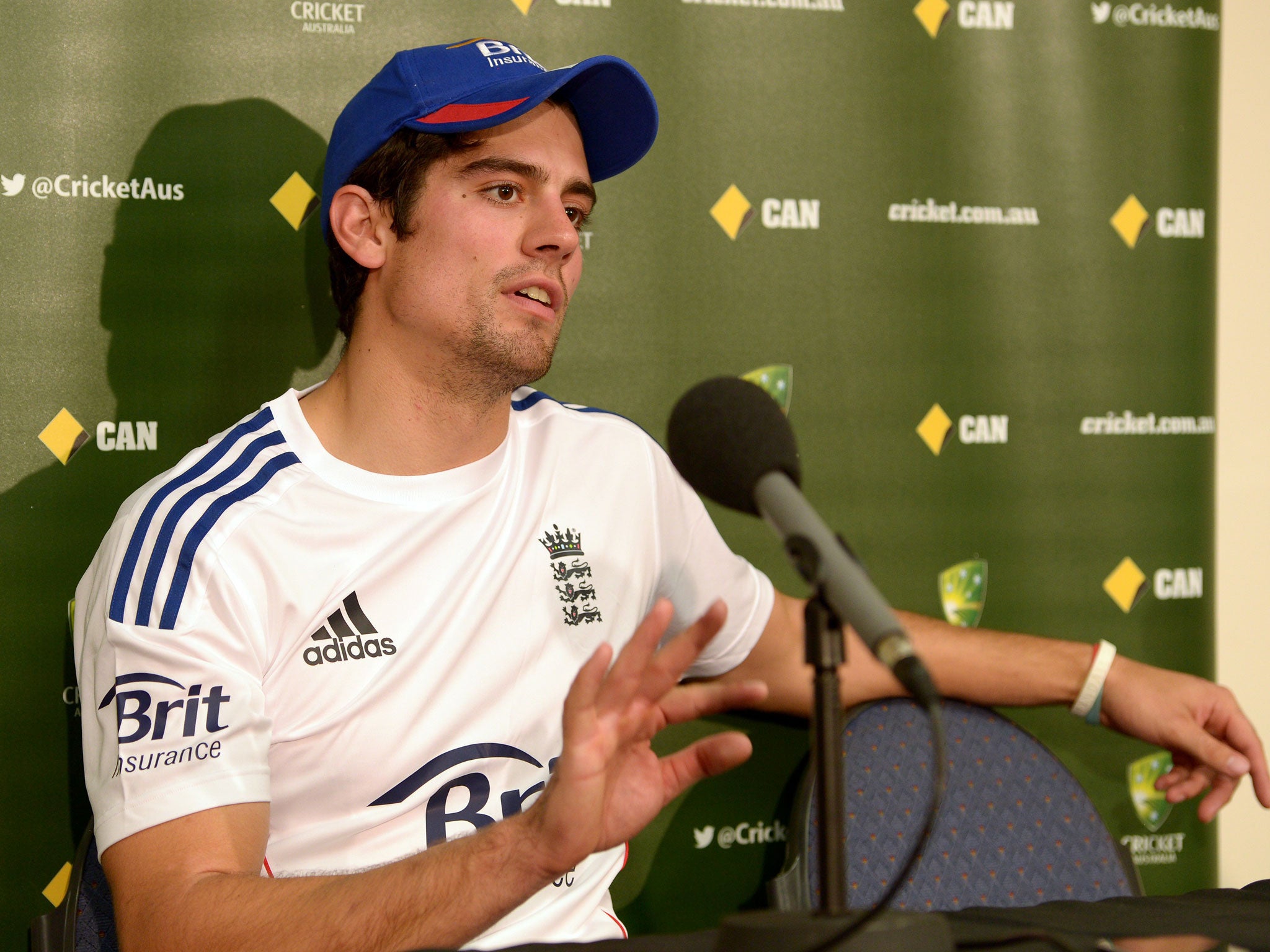 England Test cricket team captain Alastair Cook speaks during the official arrival media conference