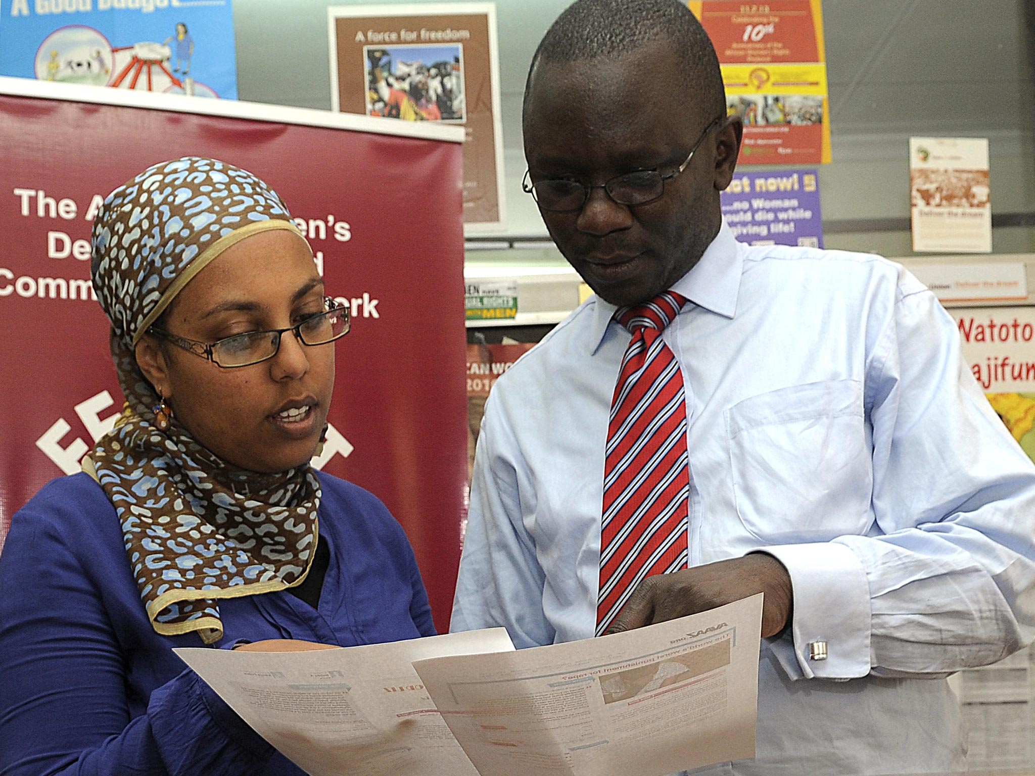 The Head of Communication for African Women's Development and Communication Network (FEMNET) Nebila Abdulmelik (left) and her colleague Kenedy Otina