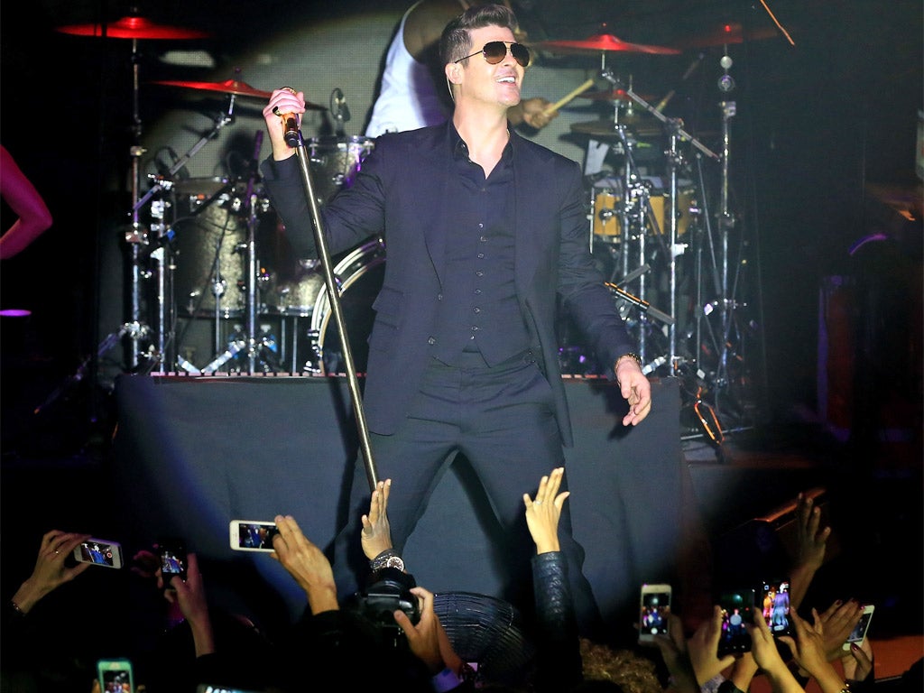 Singer Robin Thicke performing in New York earlier this month