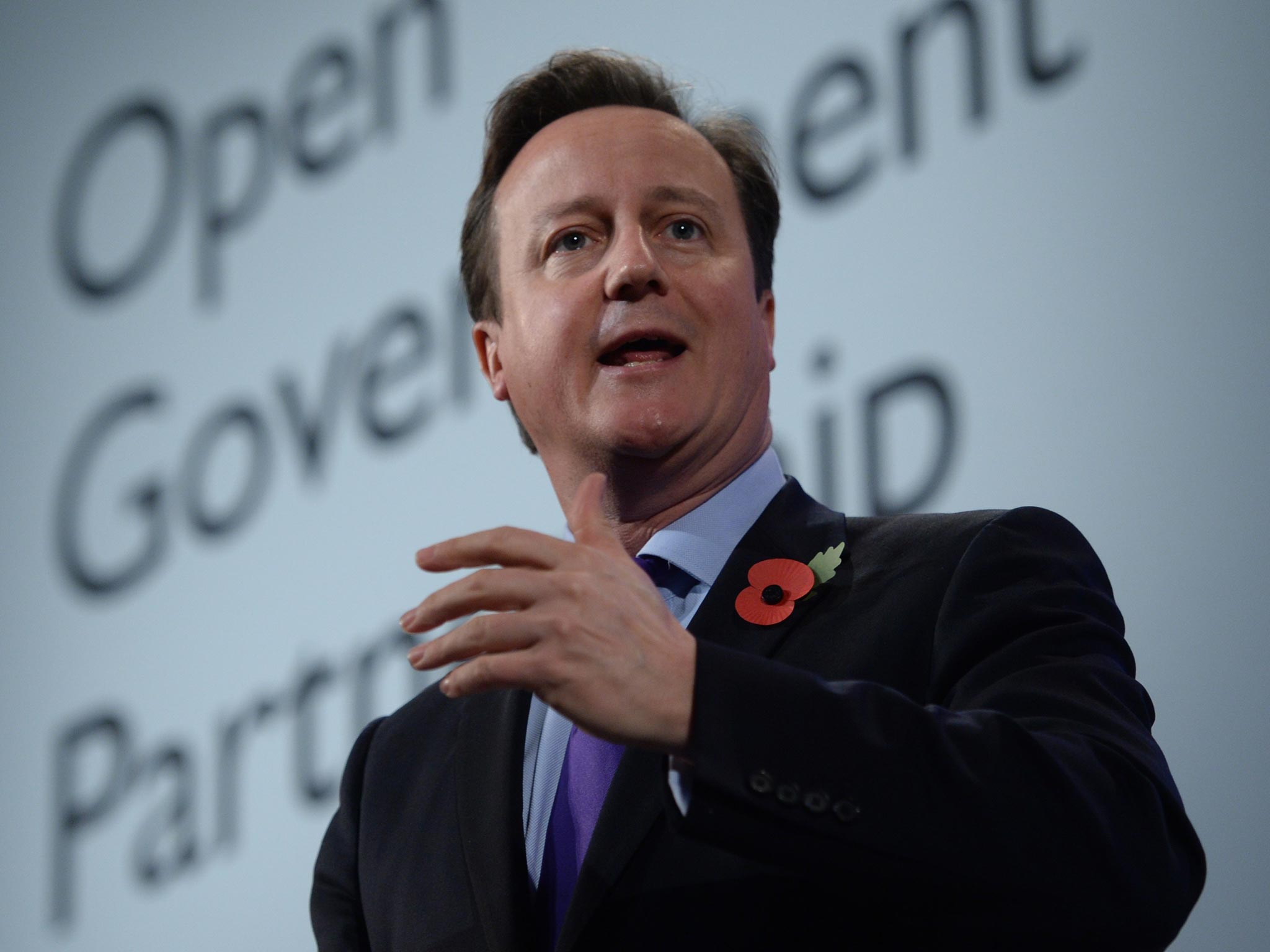 31 October 2013: Prime Minister David Cameron speaks at the Open Government Partnership conference at the QE2 Conference Centre in London