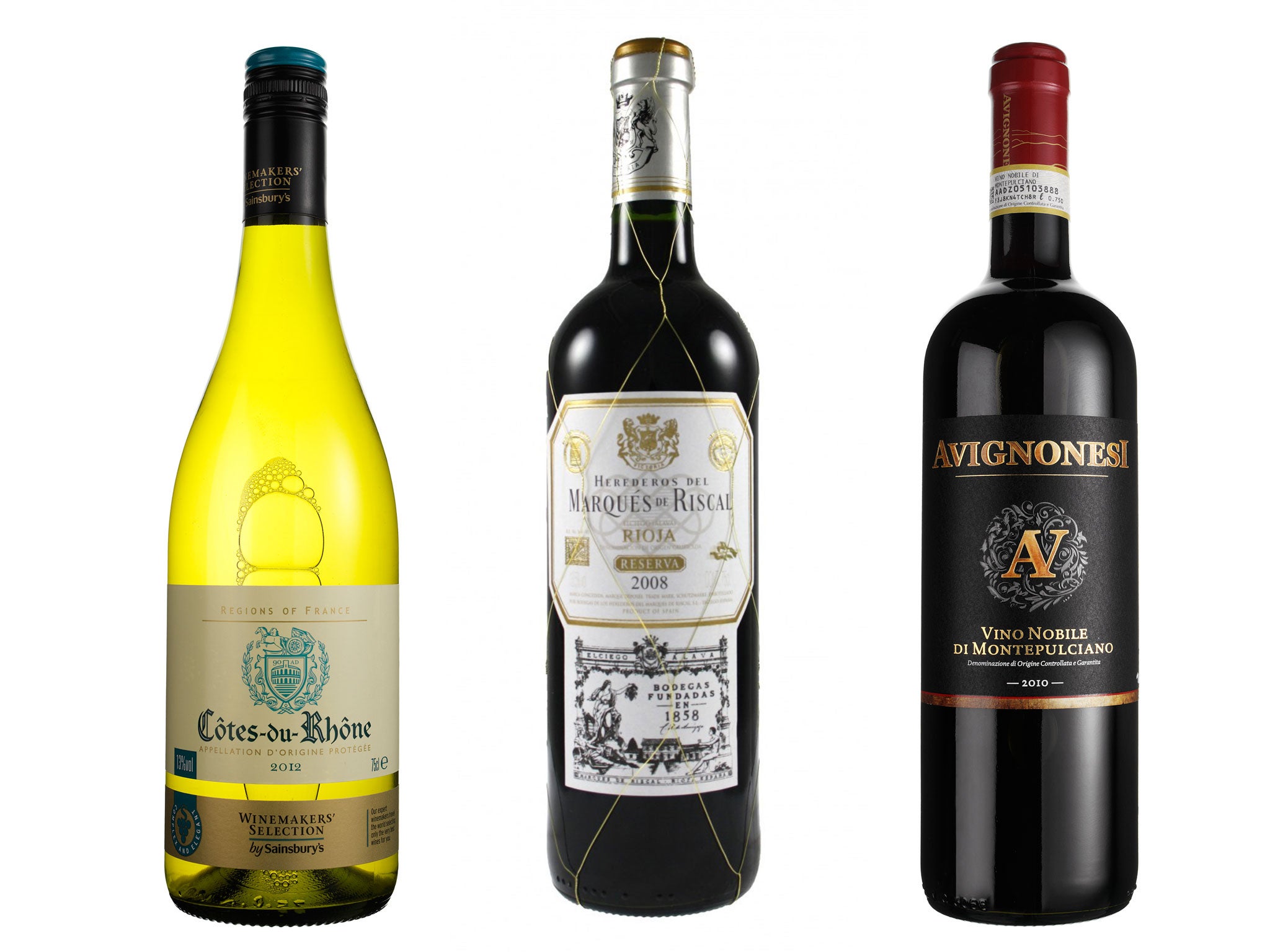 2012 Taste the Difference Côtes du Rhone Villages; 2008 Marques de Riscal Rioja Reserva; 2010 Avignonesi Vino Nobile