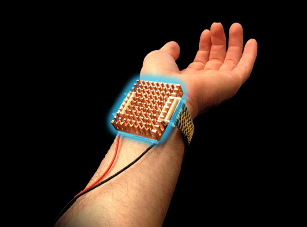 The Wristify prototype consists of a custom heat-sink strapped to a fake Rolex wristband.