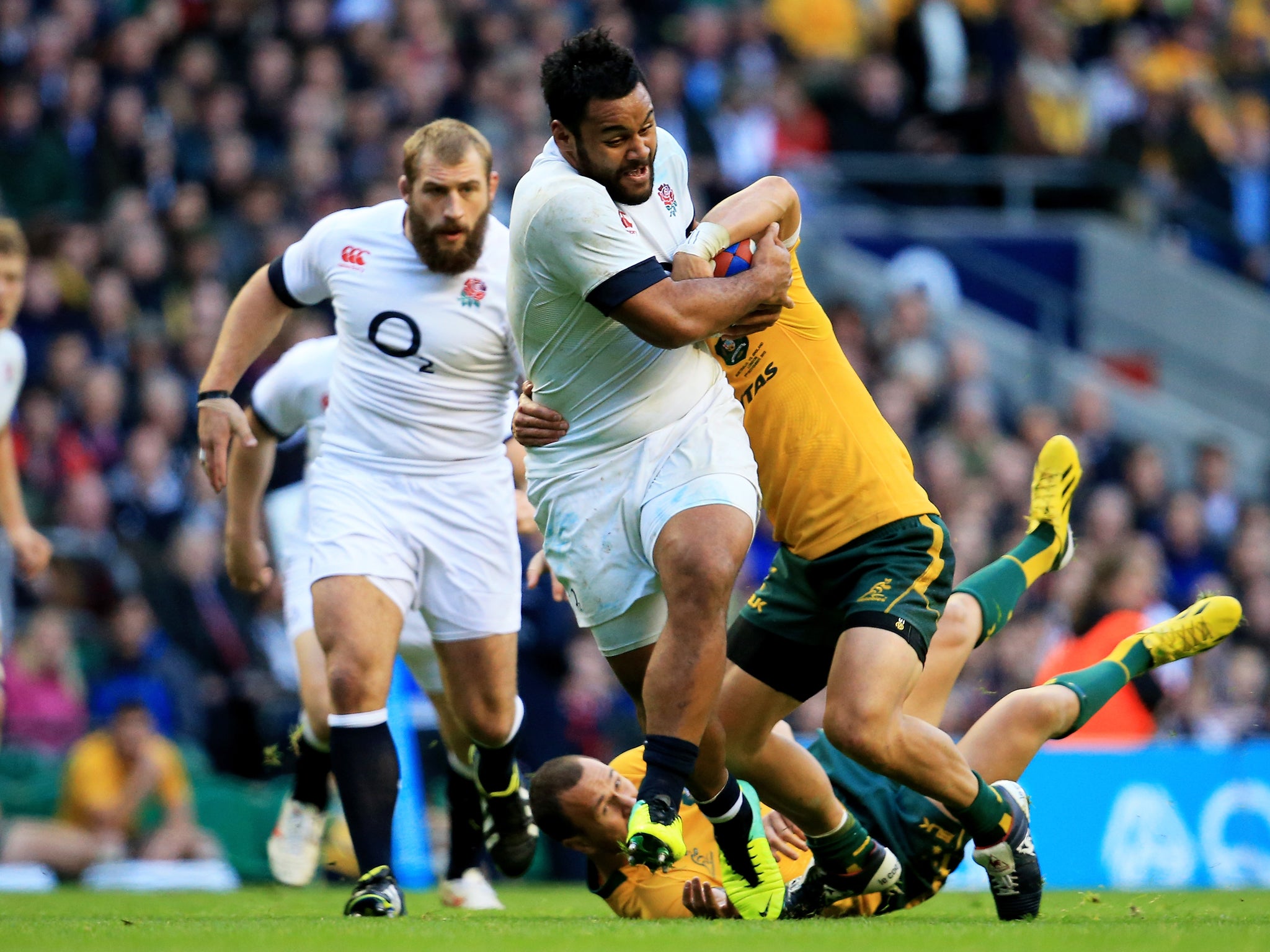 England number eight Billy Vunipola breaks clear if the Australian defence