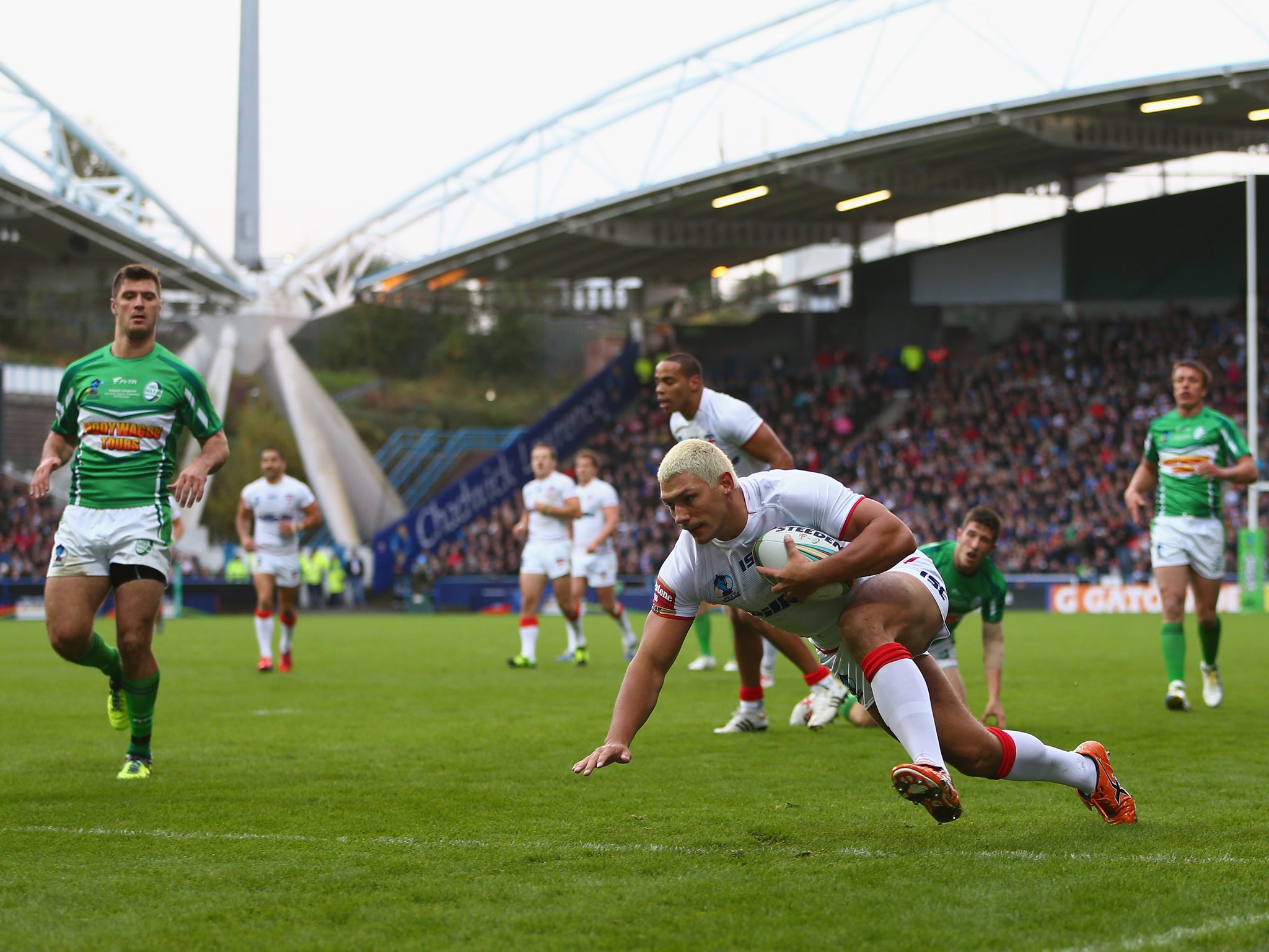 Ryan Hall scored a hat-trick for England in their 42-0 win over Ireland