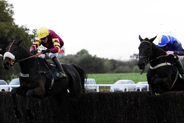 Topper effort: Jason Maguire guides Harry Topper (left) over the last in the Charlie Hall Chase at Wetherby as runner-up Wayward Prince tries to get on terms