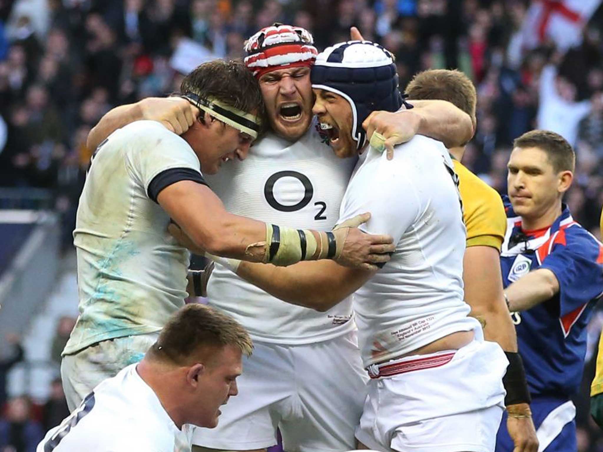 The England team celebrating after defeating Australia