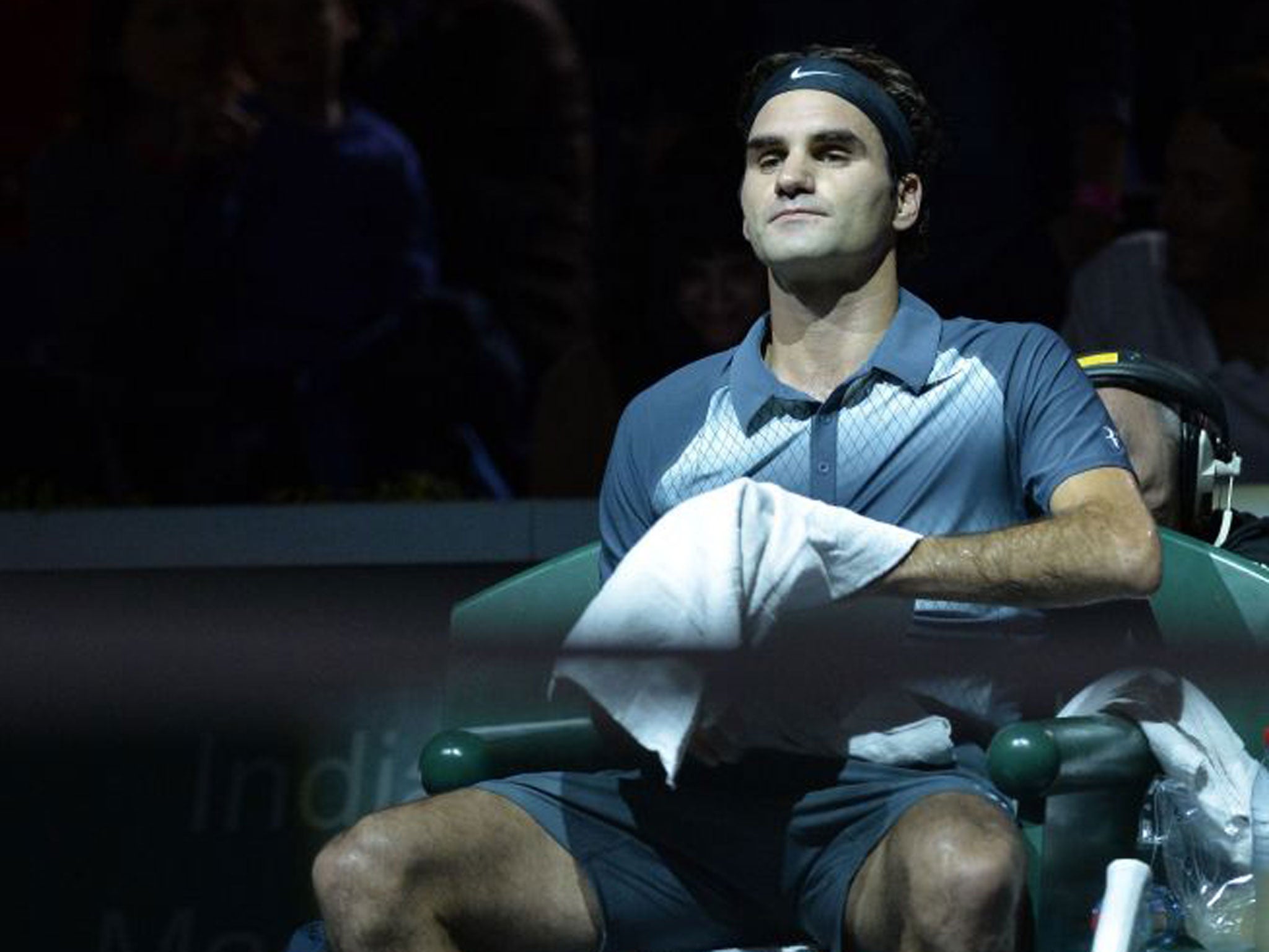 Roger Federer during his semi-final defeat by Novak Djokovic at the Paris Masters on Saturday