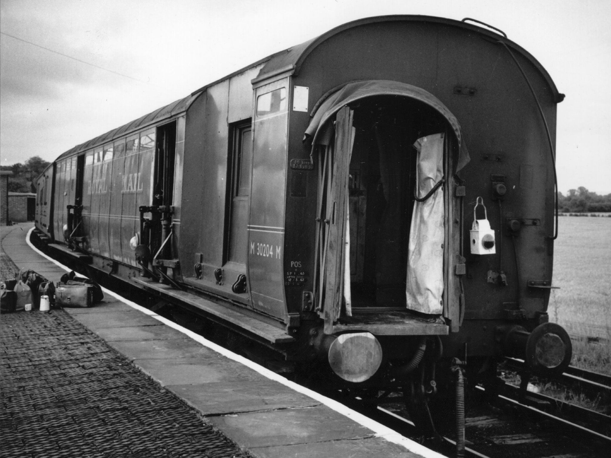 The uncoupled train coaches at Cheddington Station after the Great Train Robbery