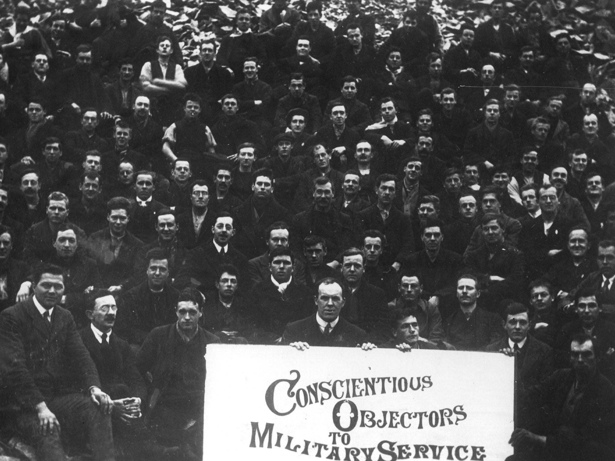 Conscientious objectors face the camera at Dyce Camp, during the worst days of fighting on the Western Front