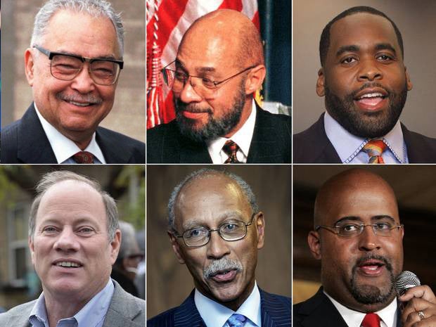 Top row, from left to right: Coleman Young, Dennis Archer, Kwame Kilpatrick. Second row: mayoral candidate Mike Duggan, Dave Bing and Kenneth Cockrel Jr