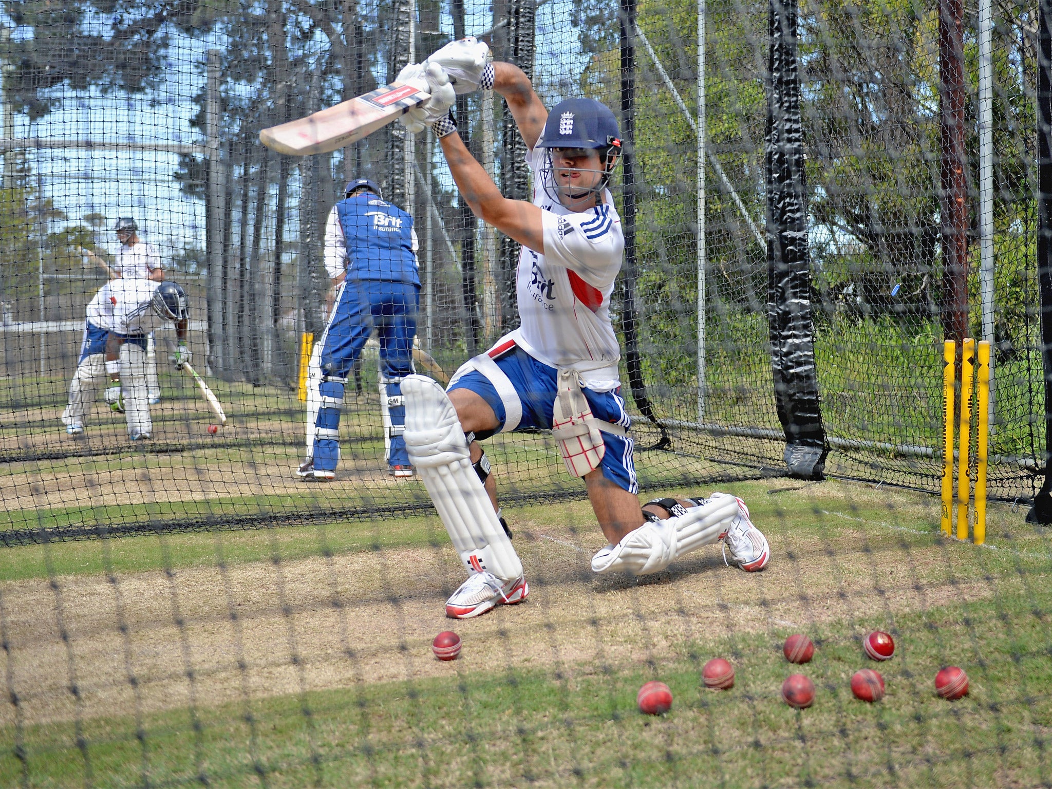 England’s Alastair Cook practises his cover drive at the Blundstone Arena in Hobart