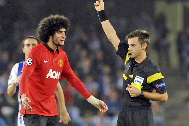 Marouane Fellaini is given his marching orders