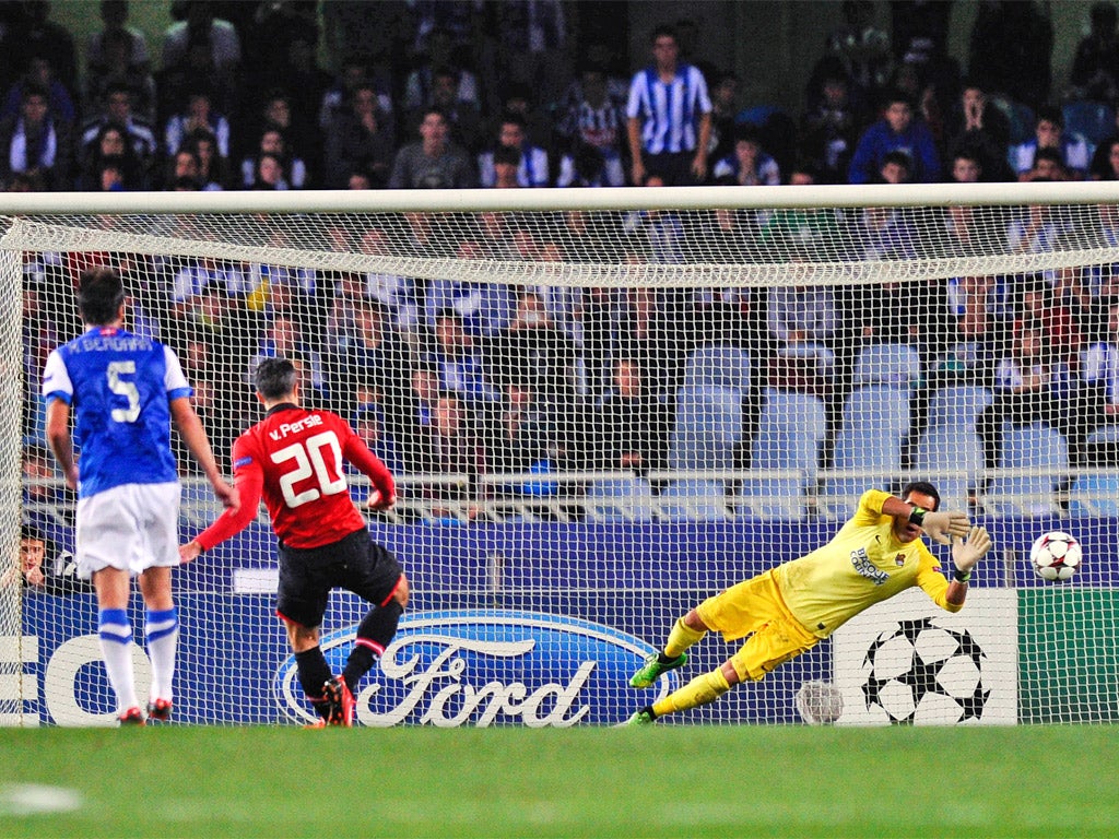 Robin van Persie sees his penalty saved by Real Sociedad’s Claudio Bravo (Getty)
