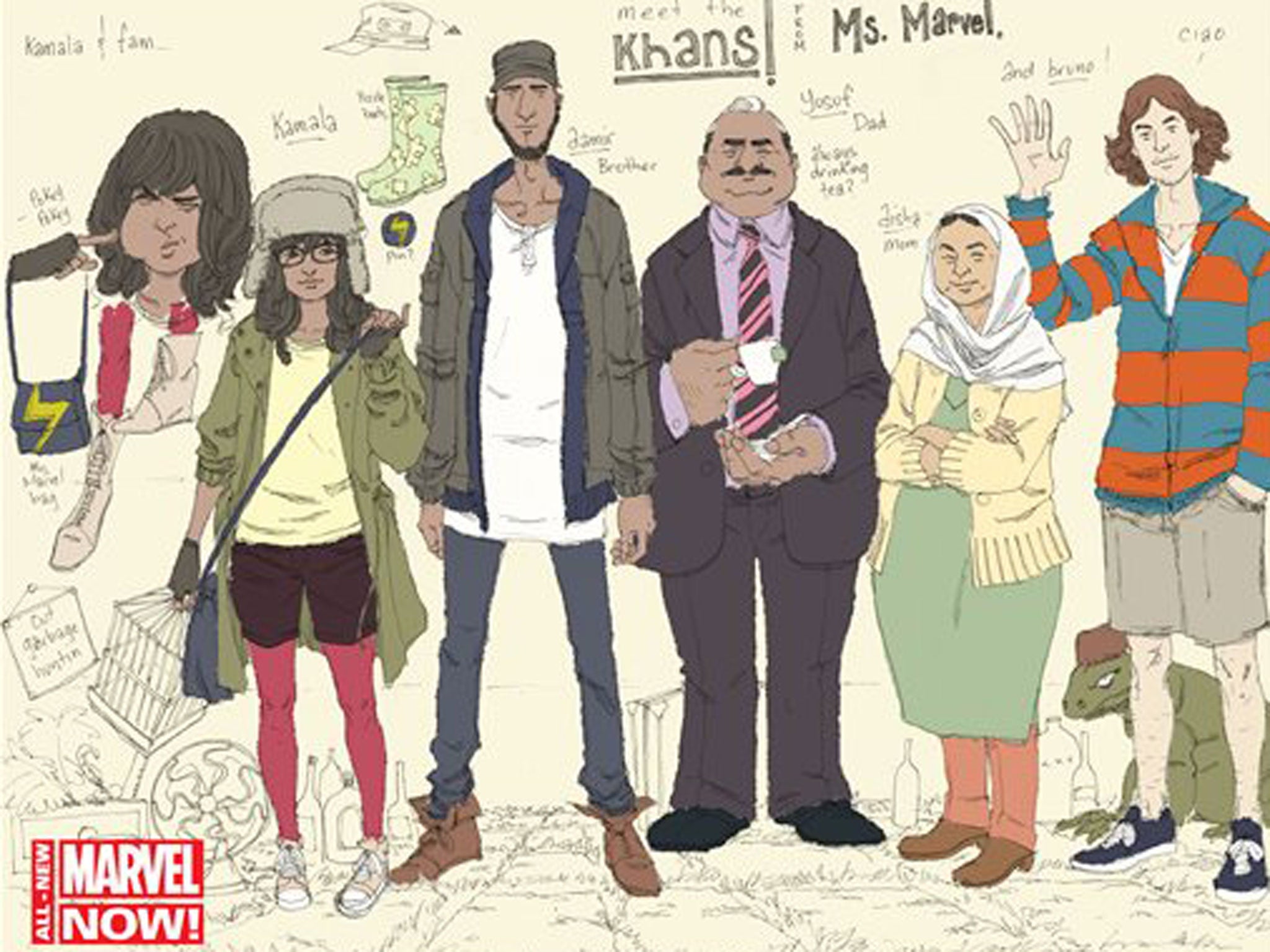 Kamala Khan, second from left, with her family and her friend Bruno. They're the cast of the New Ms. Marvel from Marvel Comics