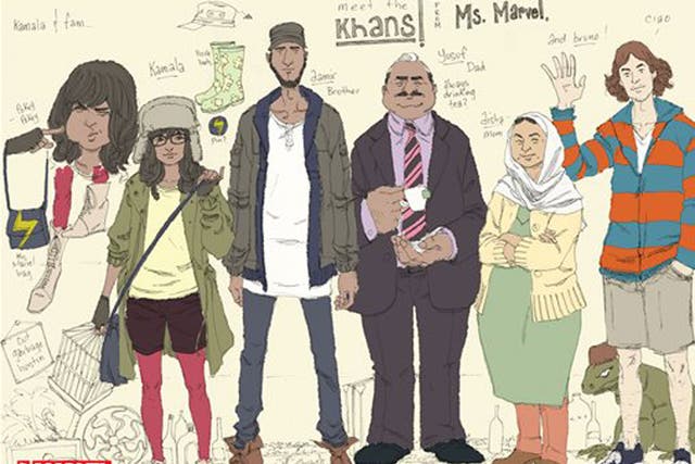 Kamala Khan, second from left, with her family and her friend Bruno. They're the cast of the New Ms. Marvel from Marvel Comics
