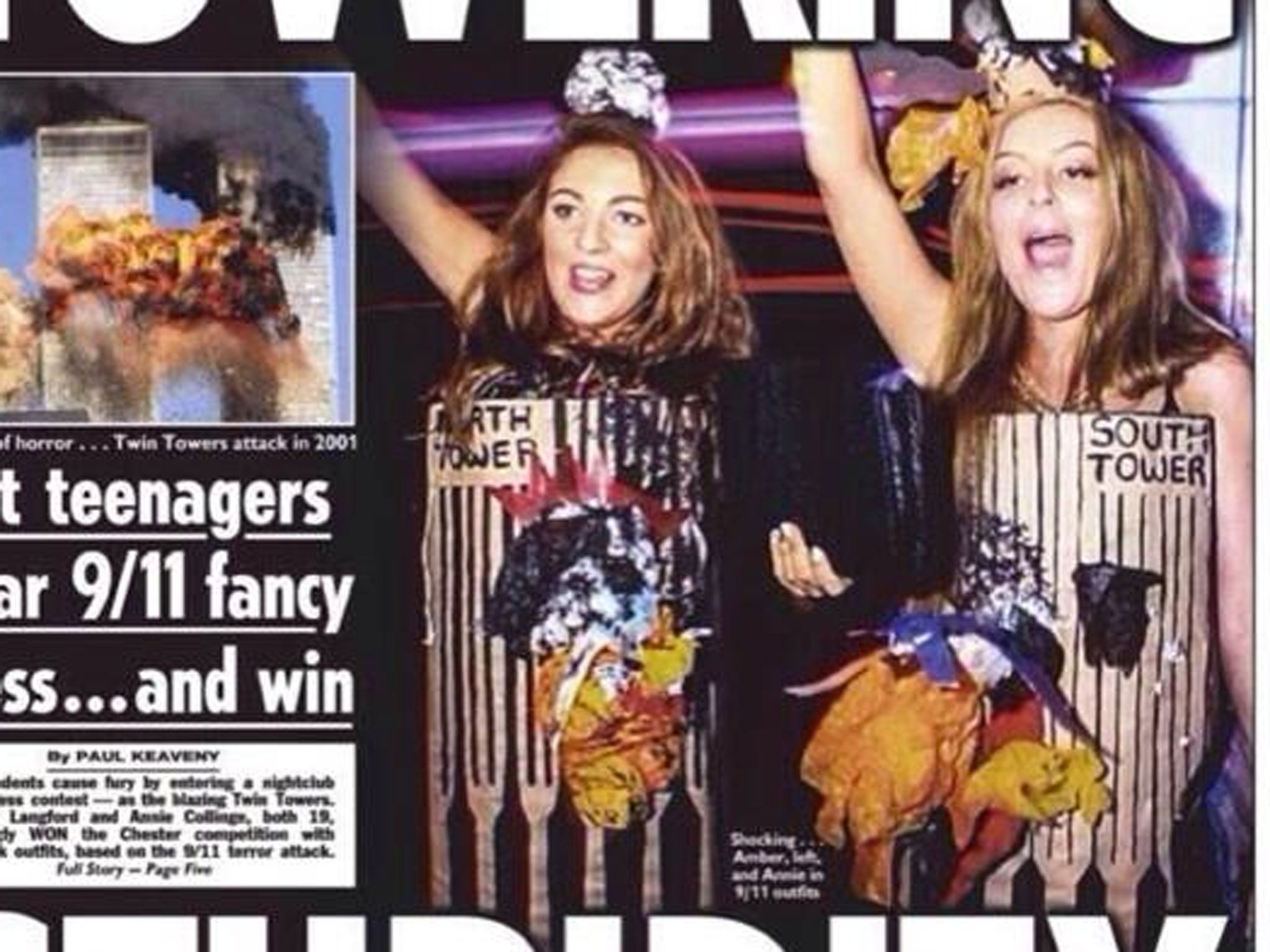 The front page of Wednesday's The Sun showed Amber Langford and Annie Collinge dressed as the burning Twin Towers for a Halloween costume competition