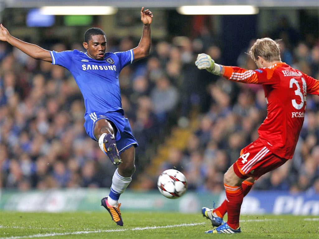 Samuel Eto'o blocks the kick of Timo Hildebrand, which rebounded into the net for the opening goal