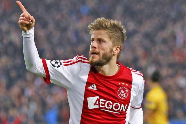 Ajax’s Lasse Sch?ne celebrates his 51st-minute winner