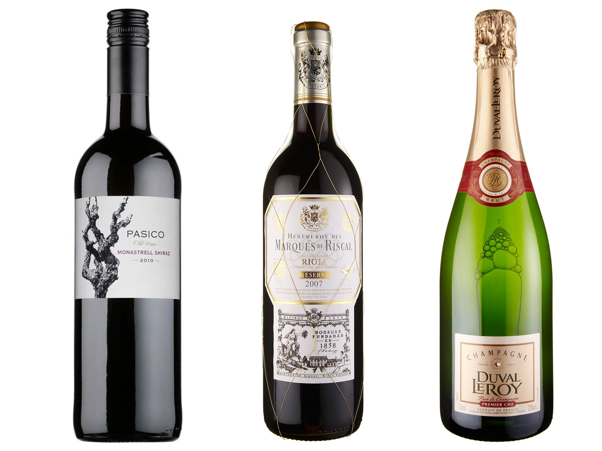 2012 Pasico Old Vine Monastrell Shiraz; 2008 Marqués de Riscal Rioja Reserva; Duval-Leroy Fleur de Champagne