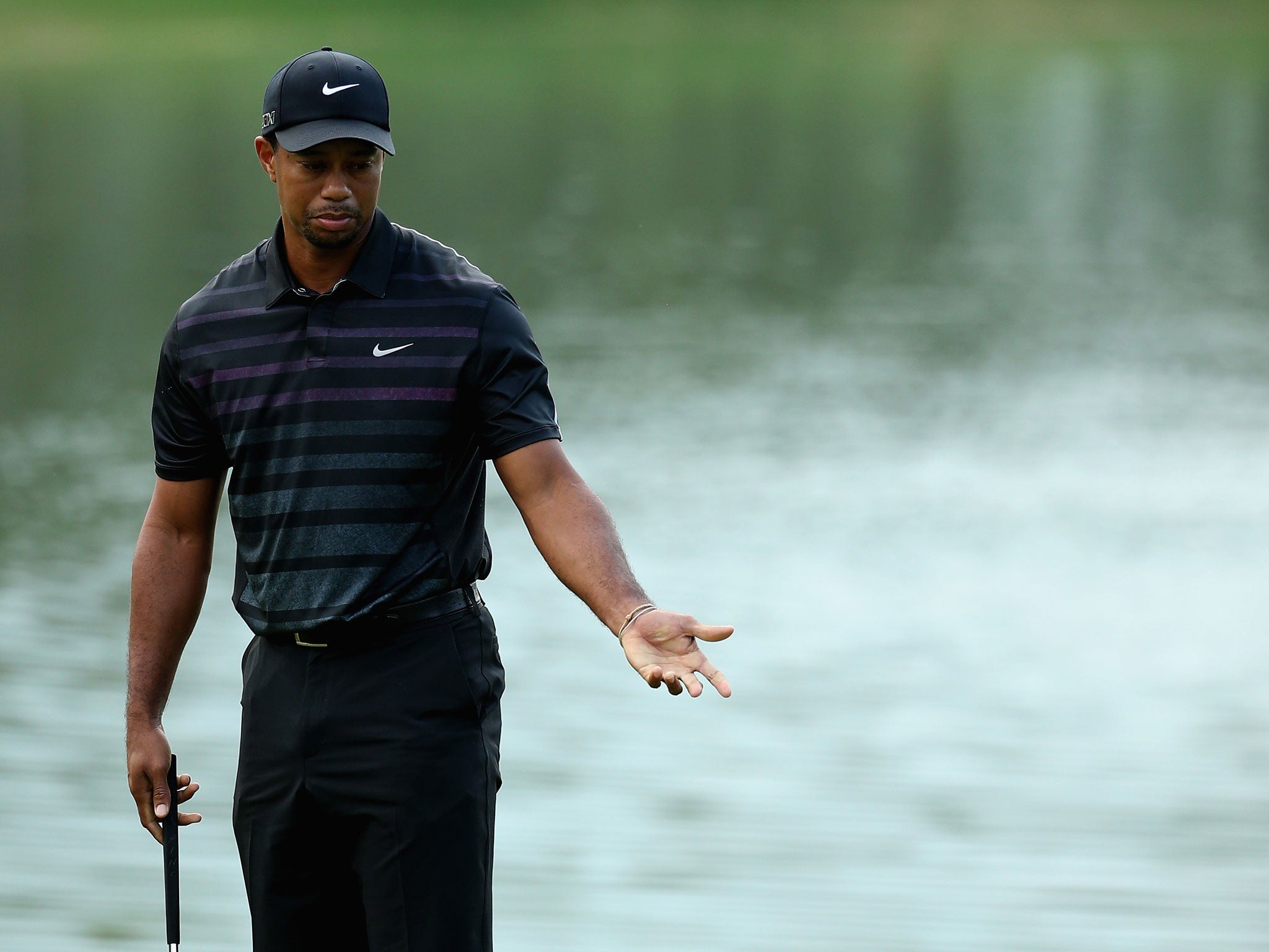 Tiger Woods reacts to a missed putt on the first day of the Turkish Open on Thursday
