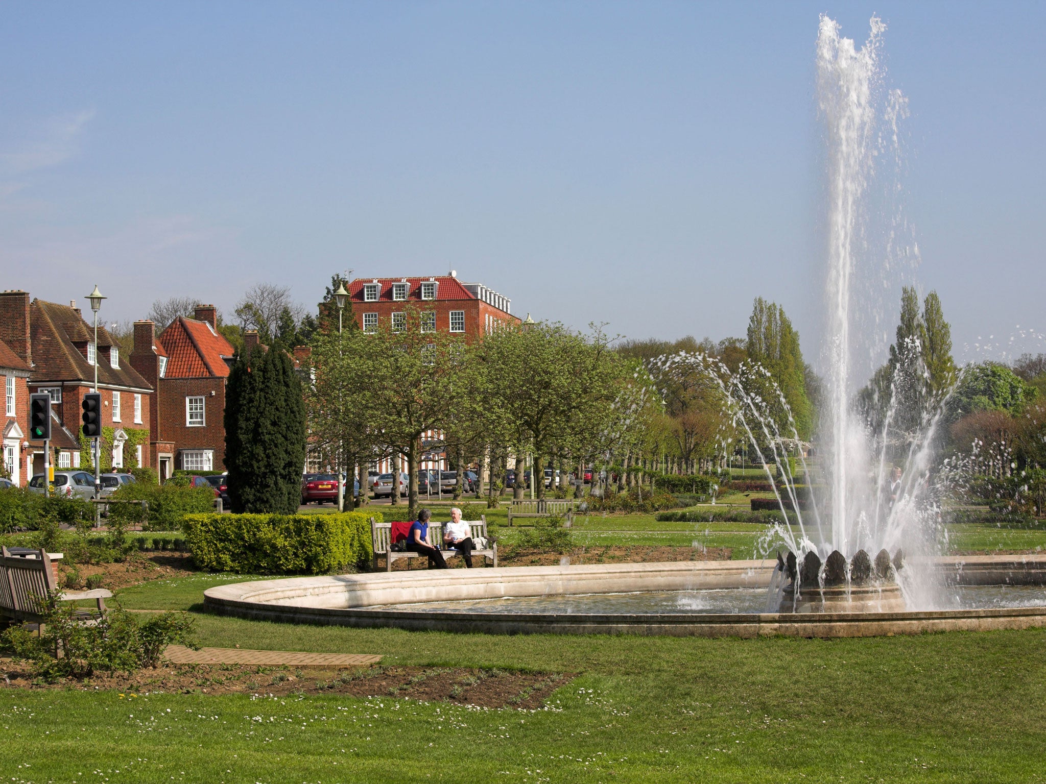 Fountain on the campus at Welwyn Garden City in Hertfordshire