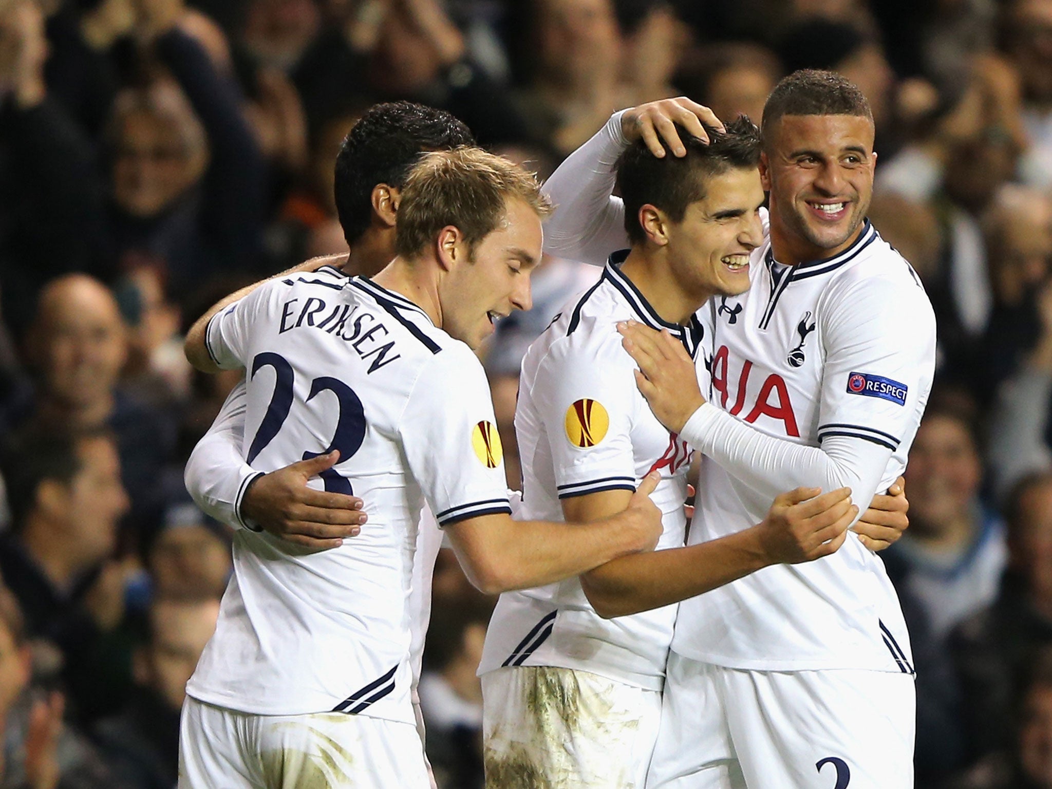 Erik Lamela (second from right) is mobbed after scoring his first Tottenham goal against FC Sheriff