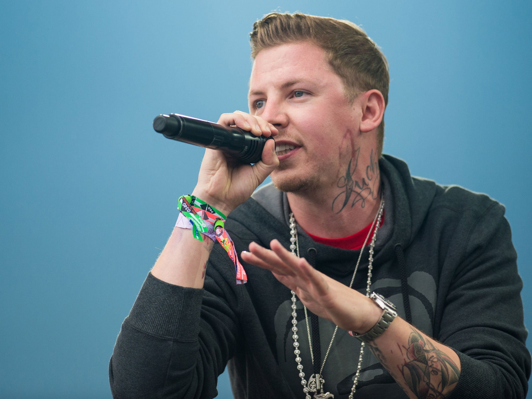 Professor Green, seen here performing at this year's Glastonbury Festival, has been arrested on suspicion of drink-driving