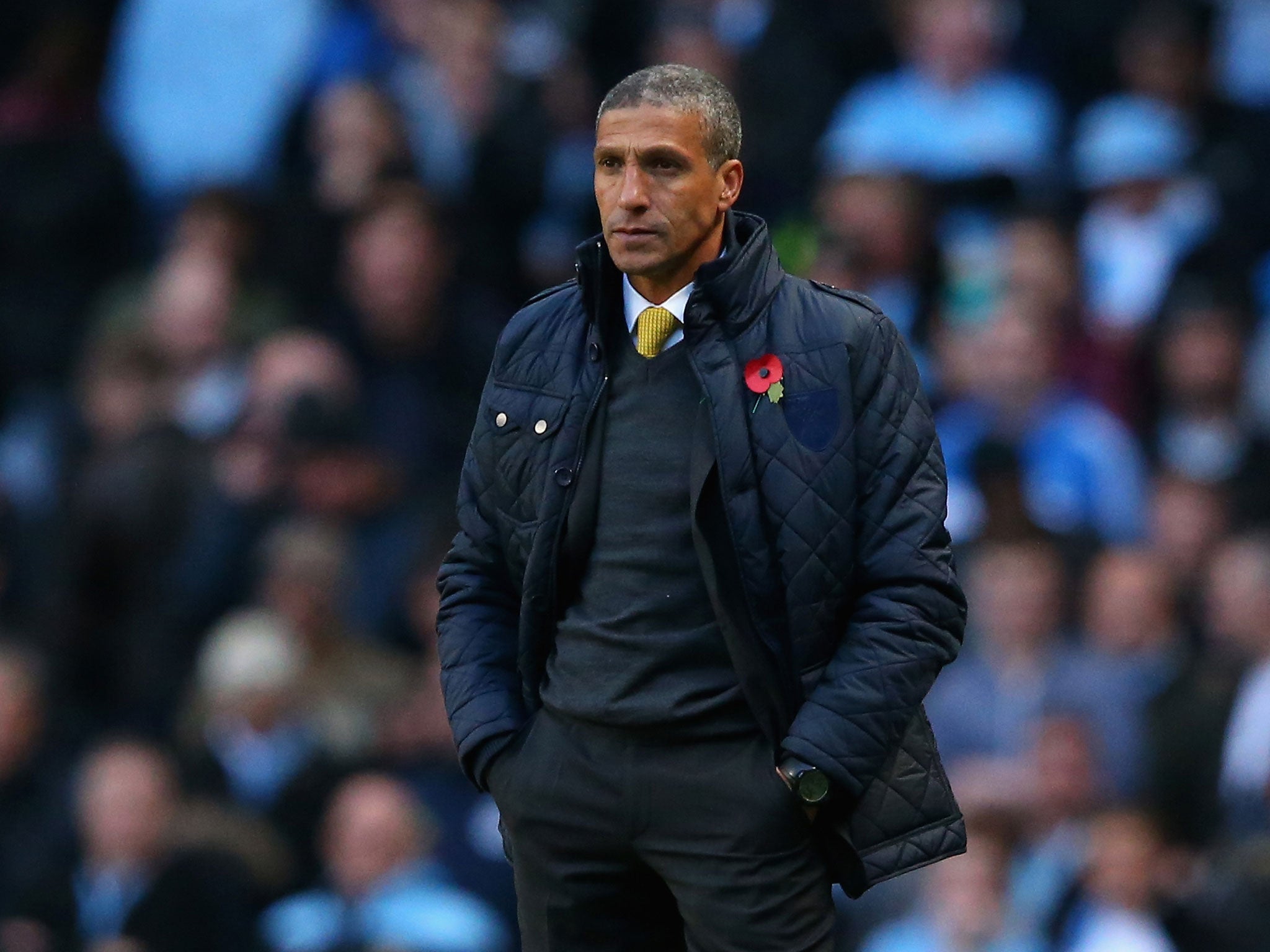 Chris Hughton cuts a lonely figure on the touchline during Norwich City's 7-0 defeat at Manchester City last weekend