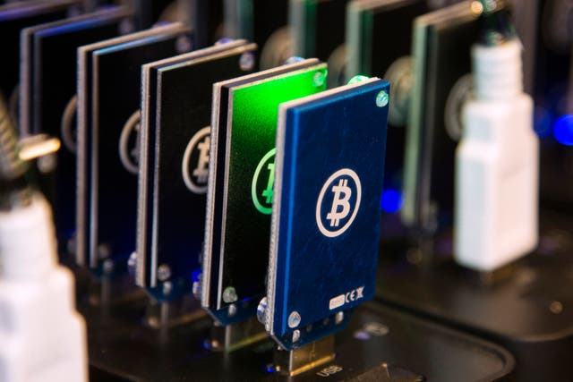 A chain of block erupters used for Bitcoin mining is pictured at the Plug and Play Tech Center in Sunnyvale, California October 28, 2013.