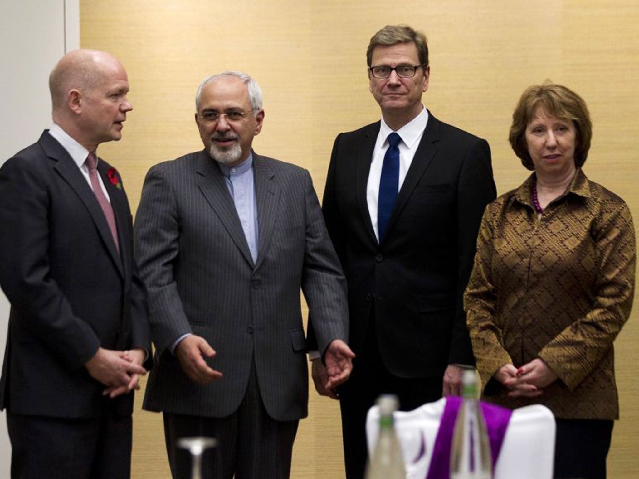 (Left to right) Foreign Secretary William Hague, with Iranian Foreign Minister Mohammad Javad Zarif, Germany's Foreign Minister Guido Westerwelle, and top EU diplomat Catherine Ashton