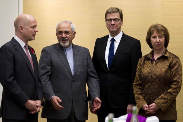 (Left to right) Foreign Secretary William Hague, with Iranian Foreign Minister Mohammad Javad Zarif, Germany's Foreign Minister Guido Westerwelle, and top EU diplomat Catherine Ashton