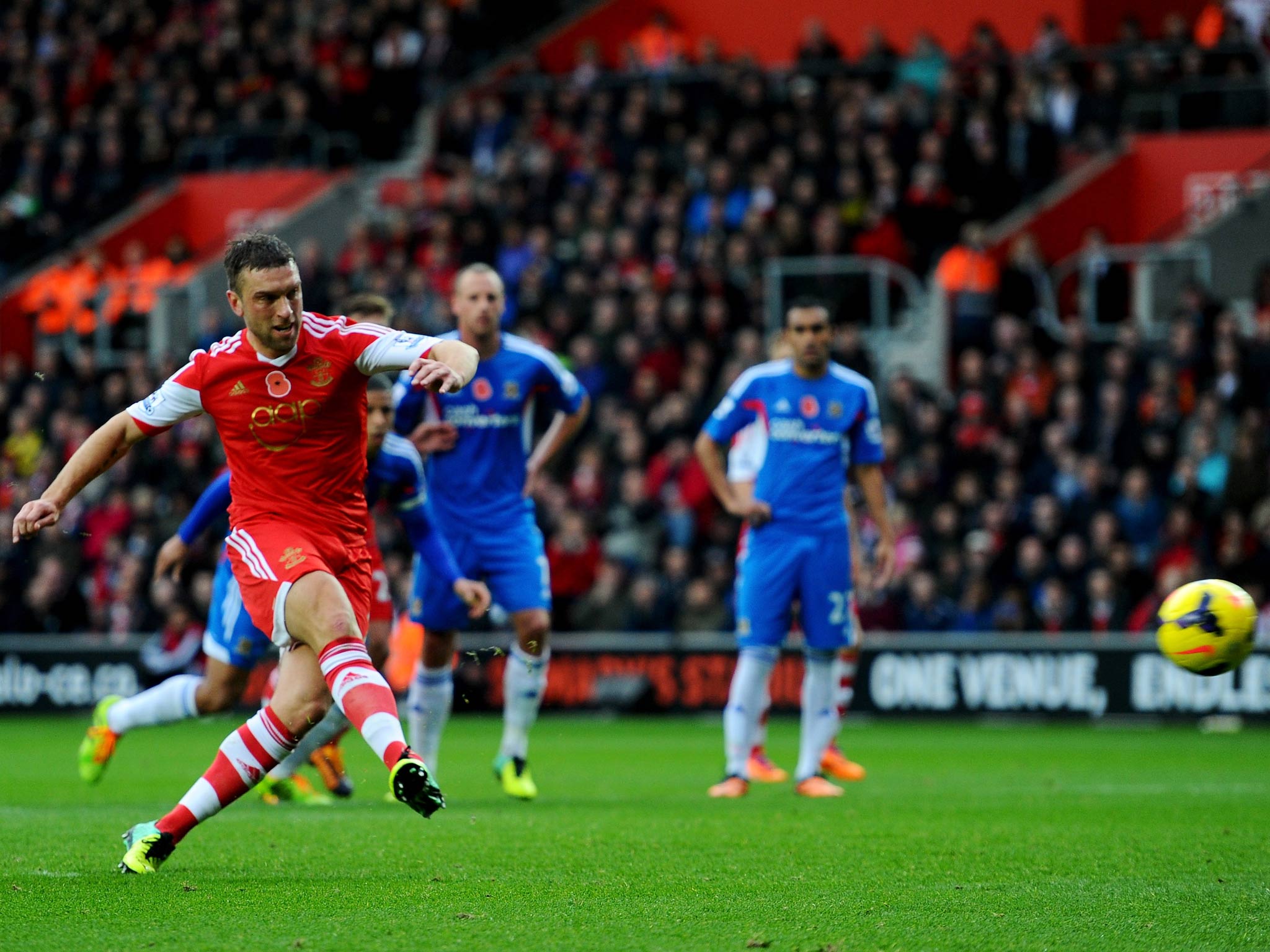 Rickie Lambert of Southampton scores their secondg goal from a penalty kick