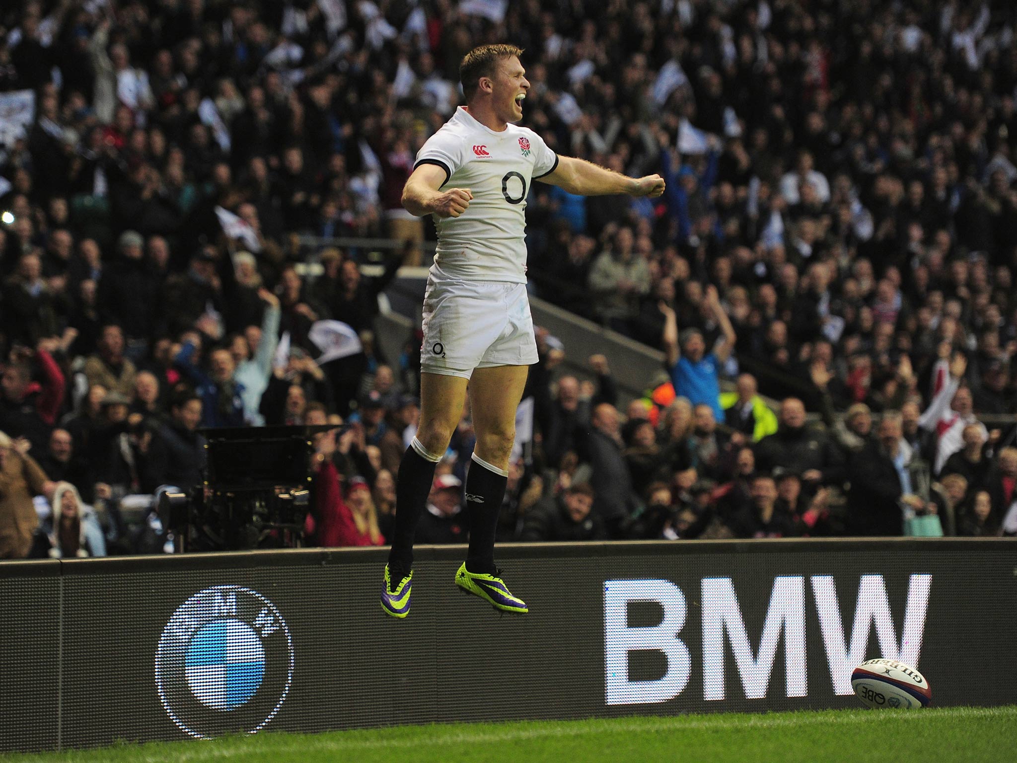 Chris Ashton of England celebrates after scoring a try