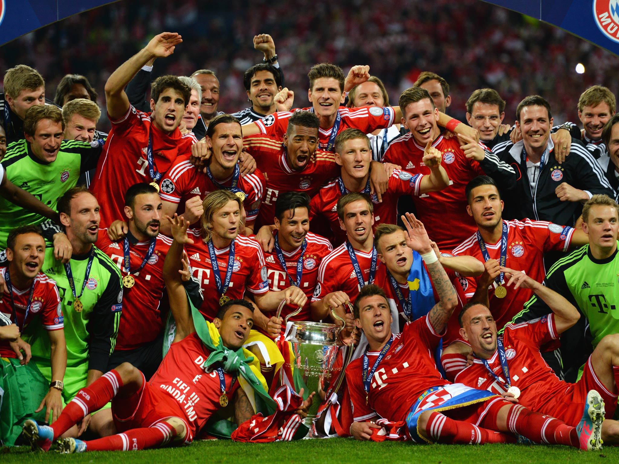 Bayern Munich celebrate winning the Champions League at Wembley in May