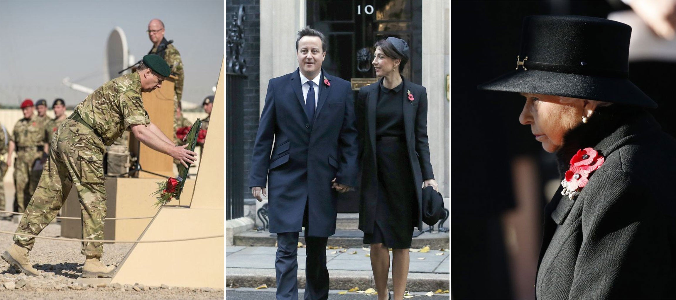 The Duke of York laying a wreath as he joined soldiers in Camp Bastion; Prime Minister David Cameron and his wife Samantha leave Downing Street; Queen Elizabeth II pays her respects at the Cenotaph in central London