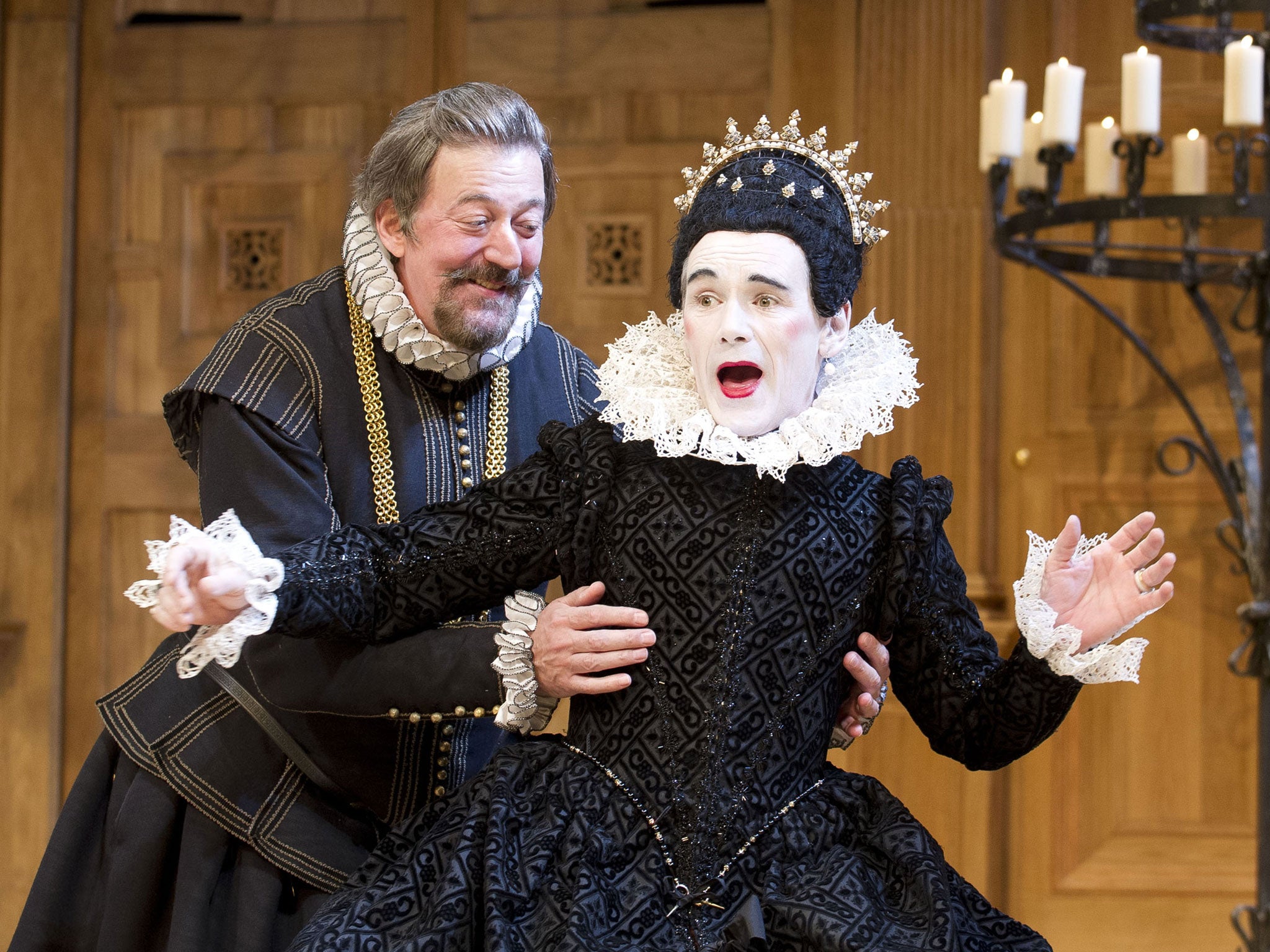 Mark Rylance, right, as Olivia and Stephen Fry, left, as Malvolio in ‘Twelfth Night’