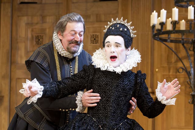 Mark Rylance, right, as Olivia and Stephen Fry, left, as Malvolio in ‘Twelfth Night’