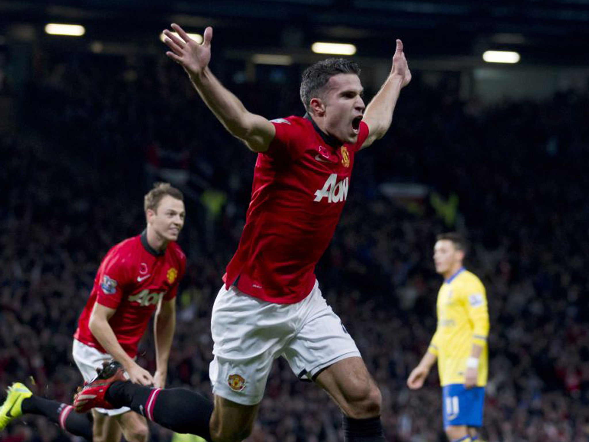 Robin van Persie celebrates the only goal of the game against his former team