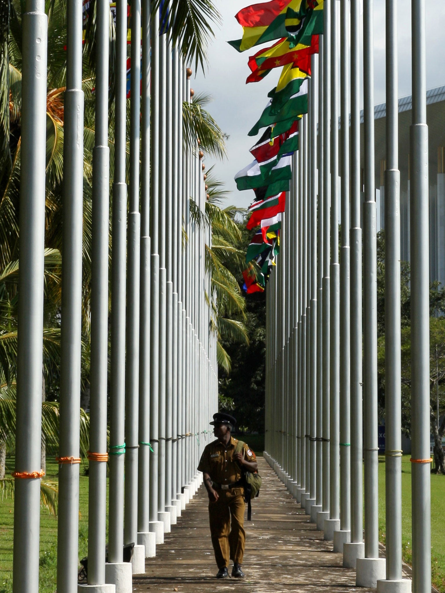 National flags of the Commonwealth countries outside the Bandaranaike Memorial International Conference Hall in Colombo, where the heads of government will meet at the summit