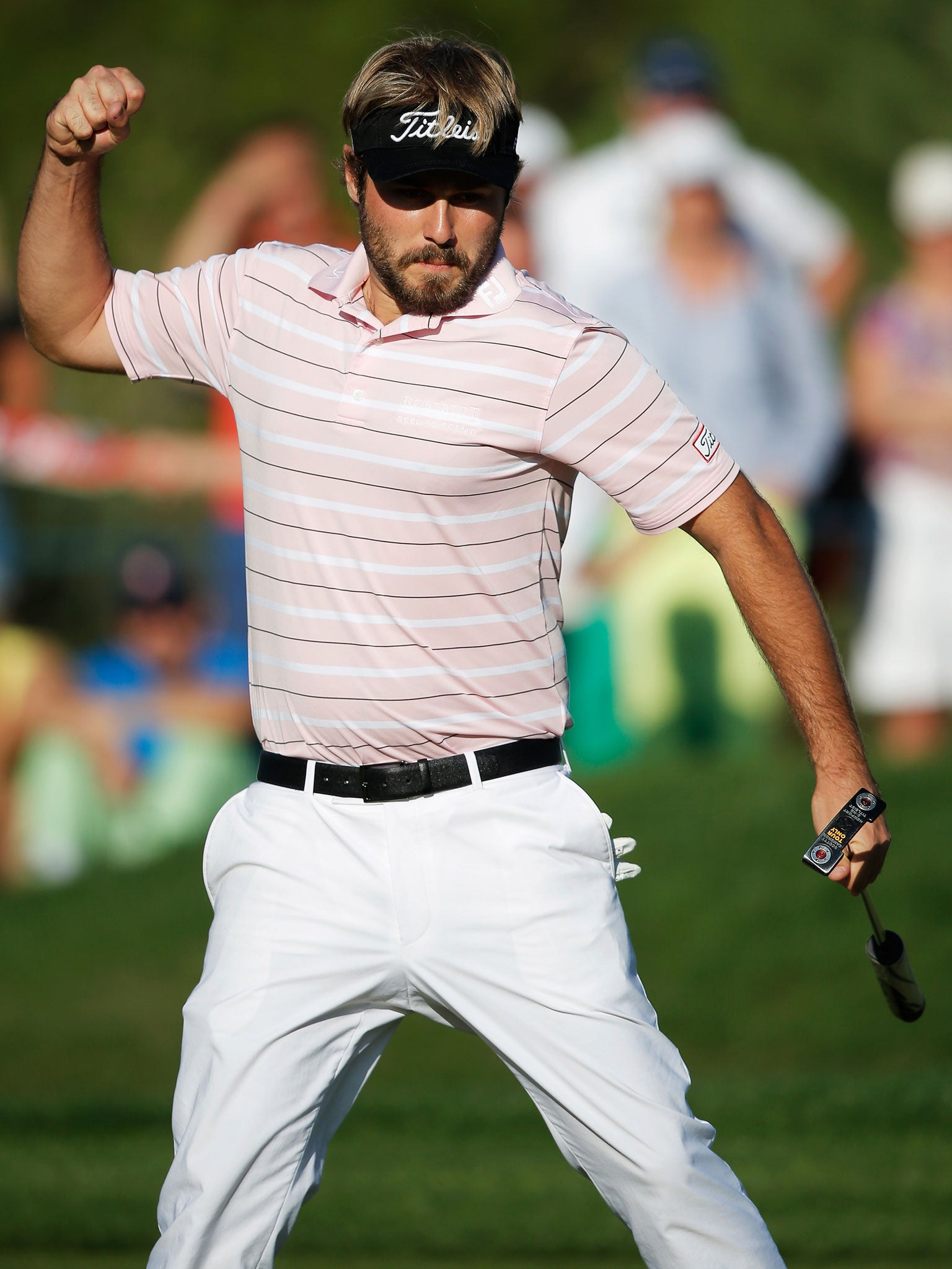 Victor Dubuisson celebrates his birdie at the 17th in his final round