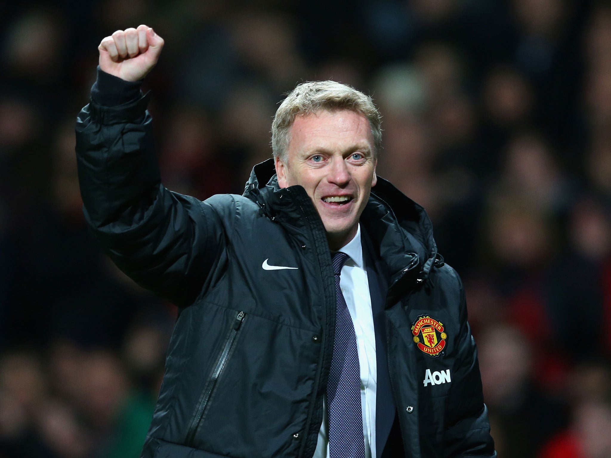 Manchester United manager David Moyes celebrates victory over Arsenal