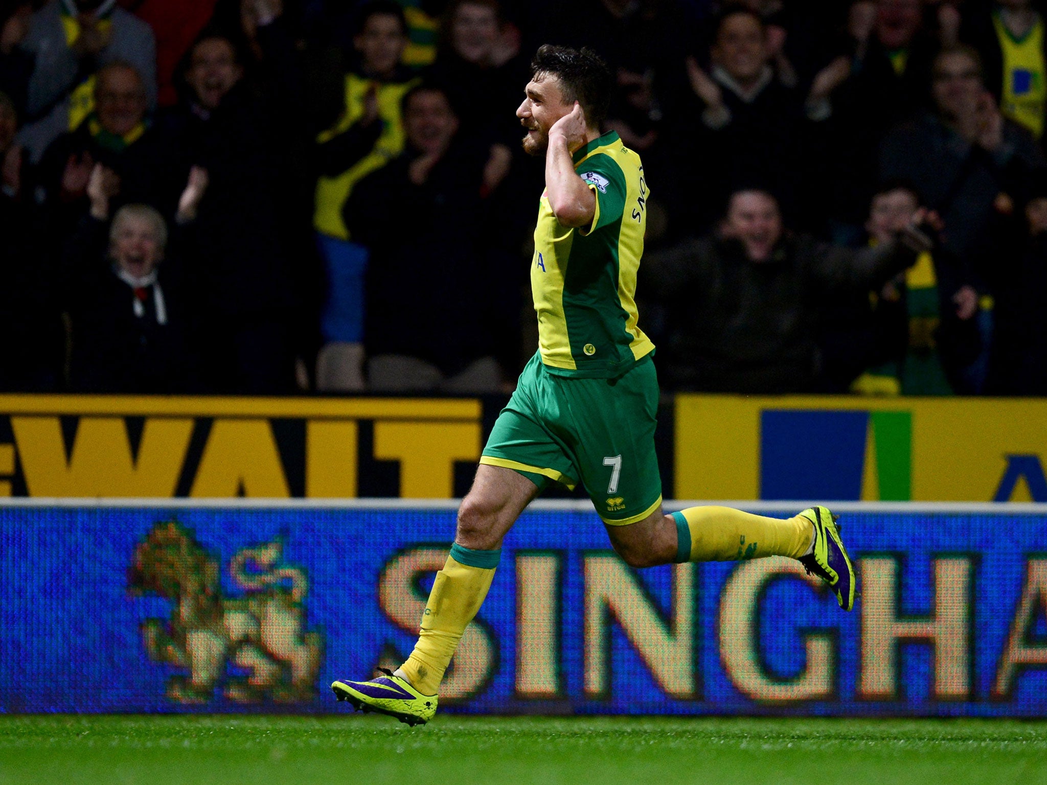 Norwich winger Robert Snodgrass celebrates after scoring against West Ham on Sunday