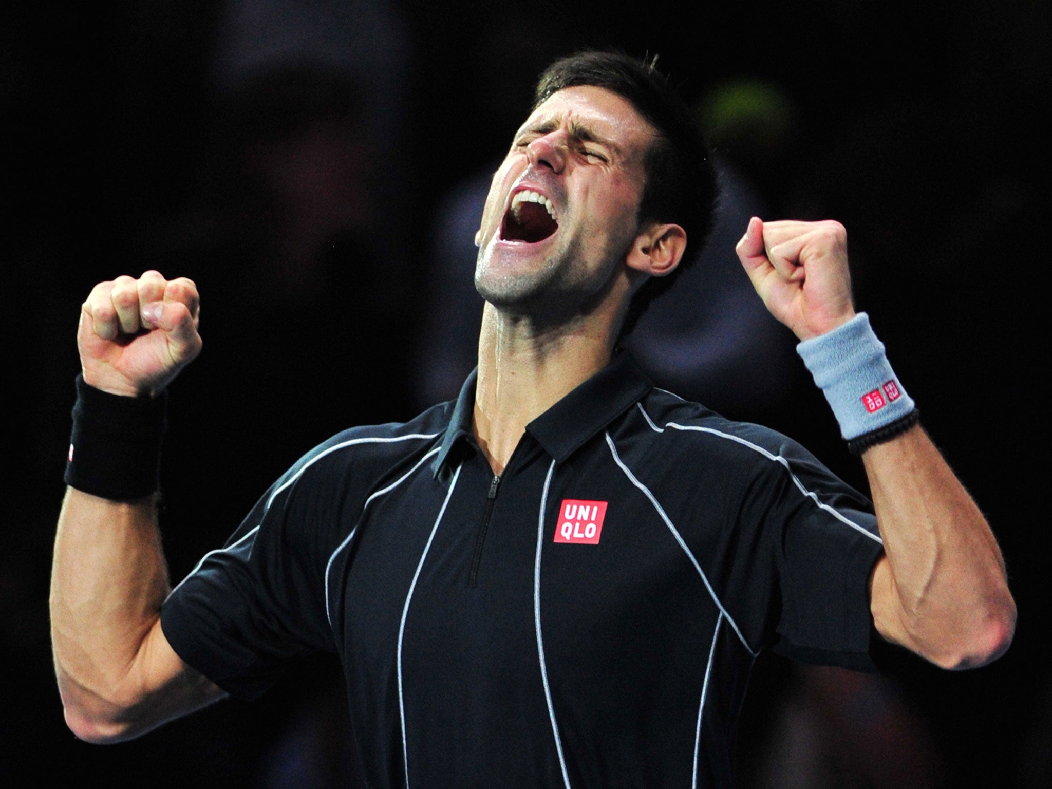 Novak Djokovic celebrates beating Rafael Nadal during the singles final on the eighth day of the ATP World Tour Finals