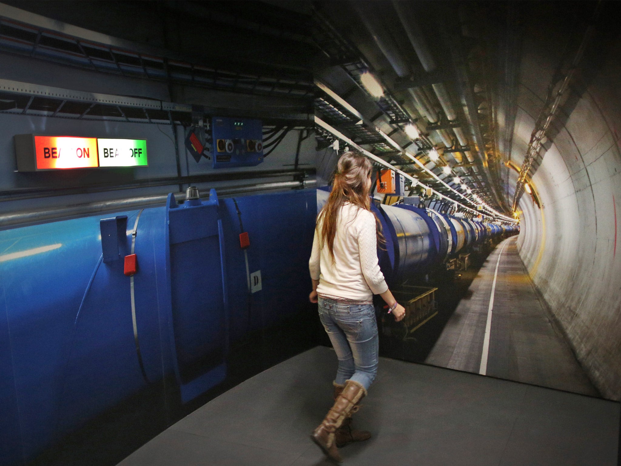 A visitor to the Science Museum walks towards a photograph of the workings of the Large Hadron Collider (Getty)