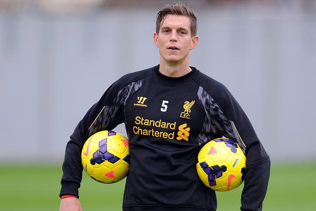 Daniel Agger in action during training with Liverpool 