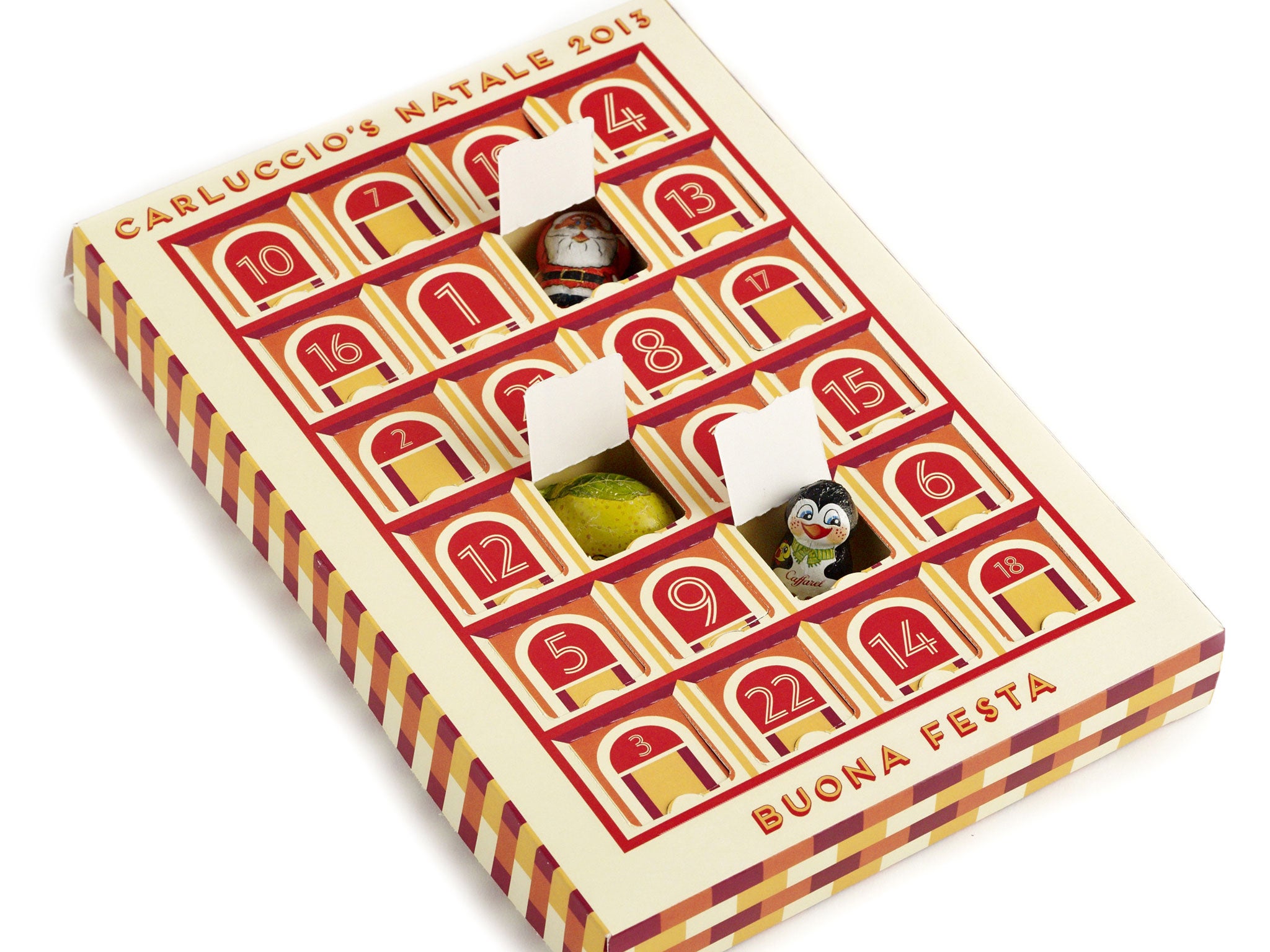 5. Carluccios Beuno Festa This is the first year Carluccio’s has produced an advent calendar and it was worth the wait. Besides the beautiful packaging, inspired by the colours of Bologna, each window reveals high-quality, foil wrapped chocolate in